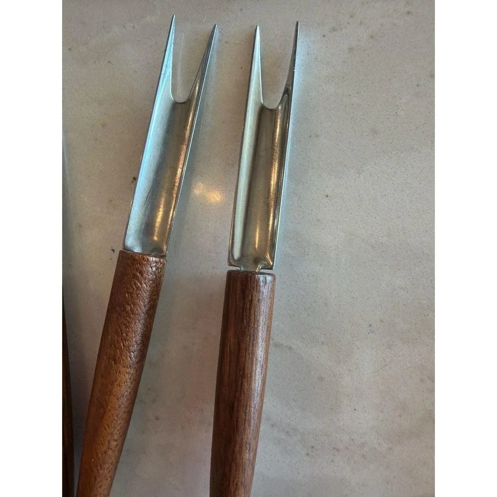 Vintage Mid-Century DAL USA Stainless Steel Cocktail Appetizer Forks with Wood H